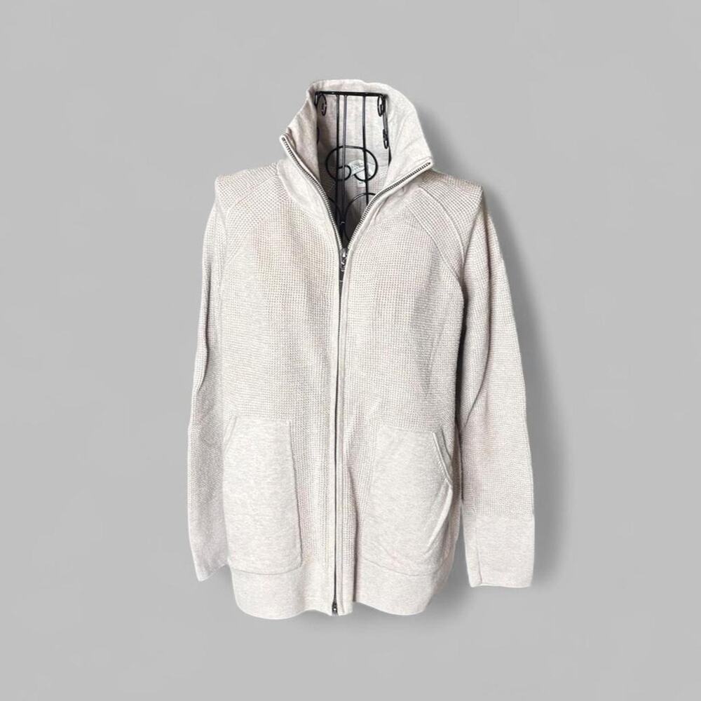 Kinross Cashmere Full Zip Cardigan Waffle Knit Pocket Jacket Small Light Grey⁠